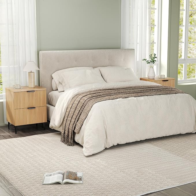 SUNWAVE Fluted Nightstand Set of 2, Modern Night Stands with 2 Drawers, Bedside Table for Twin/Full/Queen Bed, End Table with Robot-Friendly Metal Legs for Bedroom, Living Room
