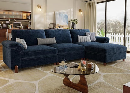 SITJOY Large Cloud Couch, 118" Wide 3 Seater L Shape, Chenille in Navy Blue | Detachable and Washable Chenille Cover Sectional Sofas for Living Room, Deep Seat Wide Couch with Chaise, Storage Ottoman