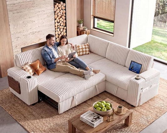 WEUP 86" Modular Sectional Sleeper Sofa with Pull Out Bed, 5 Seat Plush Corduroy L Shaped Couch with USB Ports|Cup Holders|Side Table|Storage Seat Armrests, Tool Free Assembly, Beige