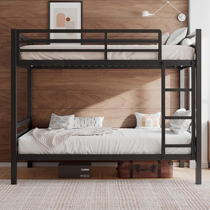 Einhomn Bunk Bed Twin Over Twin, Heavy Duty Metal Bed with Ladder and Full-Length Guardrail, Under-Bed Storage Space, No Box Spring Needed, Noise Free, Black