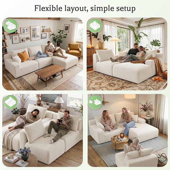 Homkdom 98" Boneless Modular Sectional Sofa, Cloud Couch with 27" Deep Seat & Oversized Chaise, L-Shaped High-Density Foam Sofa for Living Room, No Assembly Required (White-Check, Right Facing)