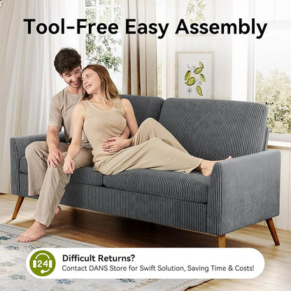 68" Loveseat Sofa, Comfy Grey Corduroy Couches for Living Room, Mid Century Modern Love Seat Sofa, Tool-Free Setup Small Couches for Bedroom Office