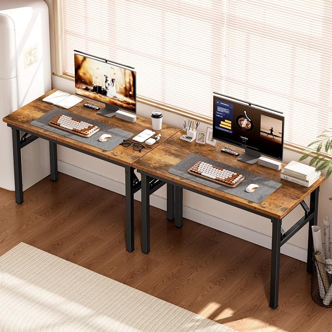 DlandHome Folding Desk for Small Spaces, 35.8 in Computer Desk Folding Table, Foldable Office Desk Writing Workstation for Home Office, Study, Bedroom, No Assembly Required, Retro & Black