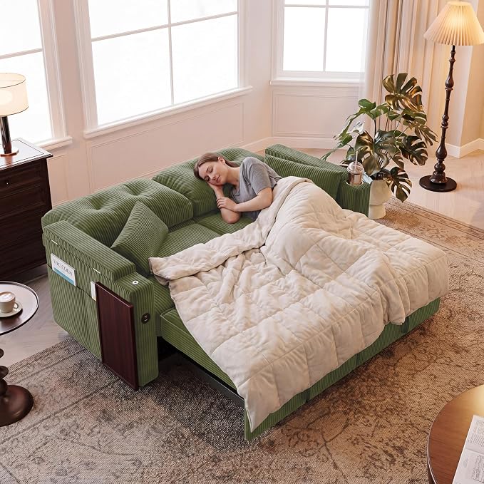 73" Queen Size Sofa Bed, Loveseat Sleeper Sofa with Pull Out Bed, 360° Swivel Table and USB, Modern 2 Seater Convertible Corduroy Couch for Living Room Bedroom Apartment, Green