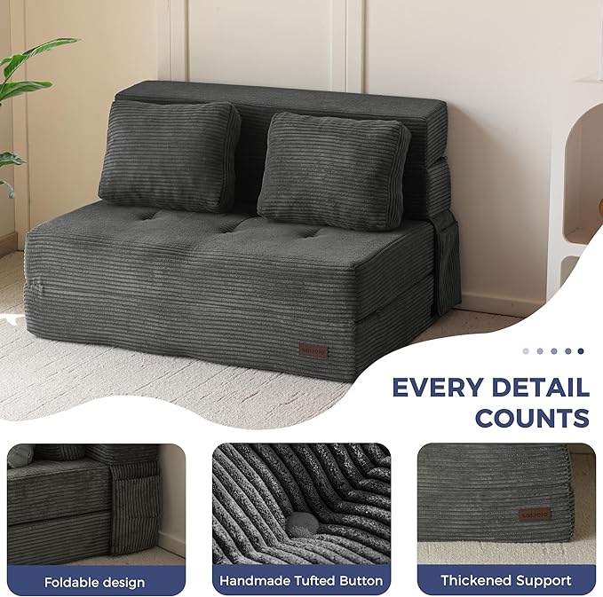 MAXYOYO Convertible Sofa Bed, Fold Out Loveseat Sofa Couch with Pillow, 4 in 1 Tufted Folding Couch Bed Foam Floor Couch, Lazy Chair for Living Room Bedroom Guest Room, Dark Grey