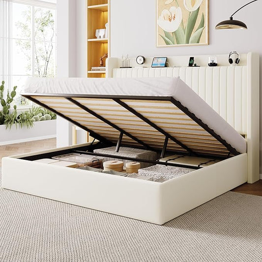 Allewie King Size Lift Up Storage Bed Frame,Storage Shelf Headboard with Charging Station,Type-C and USB Ports,Hydraulic Support,Velvet Upholstered Bed Frame,No Box Spring Needed,Cream