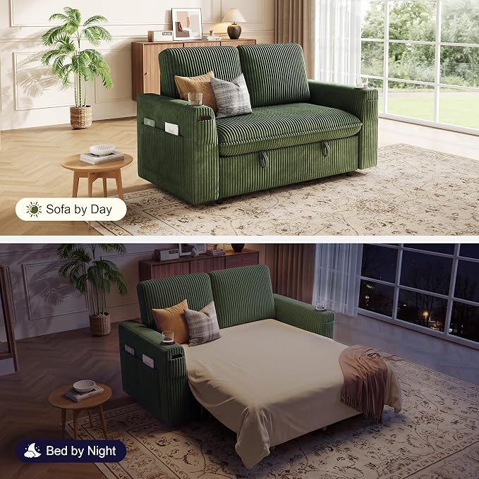 Sleeper Sofa with Pull Out Bed, Plush Corduroy Convertible Sofa Bed with Adjustable Backrest and Cup Holders, Loveseat Sleeper Couches for Living Room, Apartment, Green