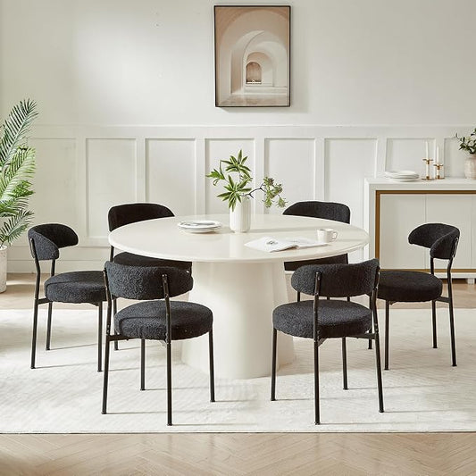 SoarFlash Dining Chairs, Black Boucle Dining Chairs Set of 6, Kitchen Dining Room Chairs Curved Backrest Upholstered Mid Century Modern Chairs with Black Metal Legs