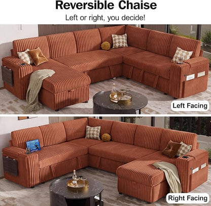 Vipbear 111" Modular Sectional Sleeper Sofa with Pull Out Bed, 7 Seat Plush Corduroy L Shaped Couch with Storage Chaise|USB Ports|Cup Holders|Side Table|Storage Armrests, Tool Free Assembly, Orange