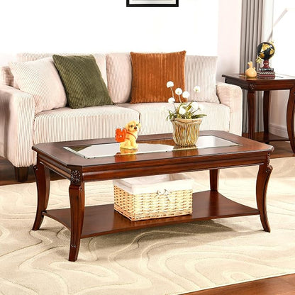 Rectangle Coffee Table for Living Room, Solid Wood Coffee Table with Glass Top, Traditional Distressed Farmhouse Style with Shelf, Solid Hardwood Rustic Center Table for Living Room, Cherry 1168GT