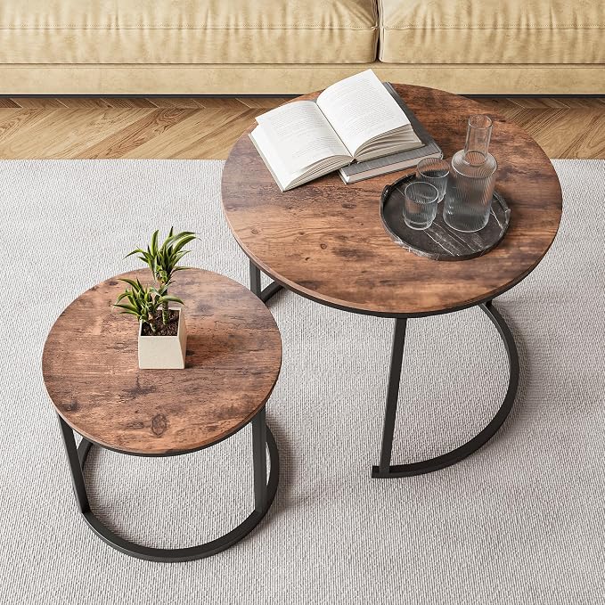 HOJINLINERO Small Round Nesting Coffee Table Set of 2 with Metal Frame and Wood Top, Modern Stacking Side Table for Living Room, Bedroom, Office, Brown