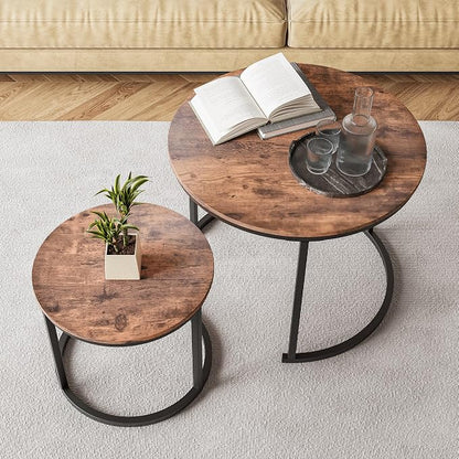 HOJINLINERO Small Round Nesting Coffee Table Set of 2 with Metal Frame and Wood Top, Modern Stacking Side Table for Living Room, Bedroom, Office, Brown