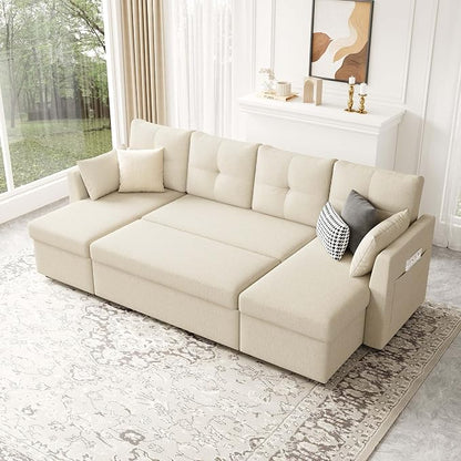 Huatean Home Oversized Sleeper Couch Sofa, Sectional Sleeper Sofa Bed with Side Pocket for Living Room, 110 inch 2 in 1 Pull Out Couch with Double Storage Chaise, Beige