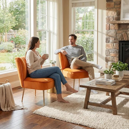 DUOMAY Modern Accent Chair Set of 2 Velvet Slipper Chair with Gold Legs Wingback Side Chair for Living Room Bedroom Entryway Small Corner Chair for Space Saving, Orange