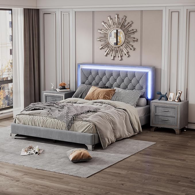 3-Pieces Bedroom Sets, Harper & Bright Designs Queen Size LED Velvet Platform Bed Frame with LED Lights & Tufted Headboard, Wood Slat Support, No Box Spring Needed, Easy Assembly (Grey)