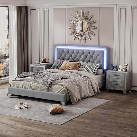 3-Pieces Bedroom Sets, Harper & Bright Designs Queen Size LED Velvet Platform Bed Frame with LED Lights & Tufted Headboard, Wood Slat Support, No Box Spring Needed, Easy Assembly (Grey)