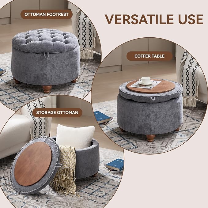 WUTUTUEE 24Inch Round Storage Ottoman with Tray, Modern Tufted Circle Coffee Table with Storage, Upholstered Ottoman with Removable Top for Living Room, Bedroom, Chenille Blue