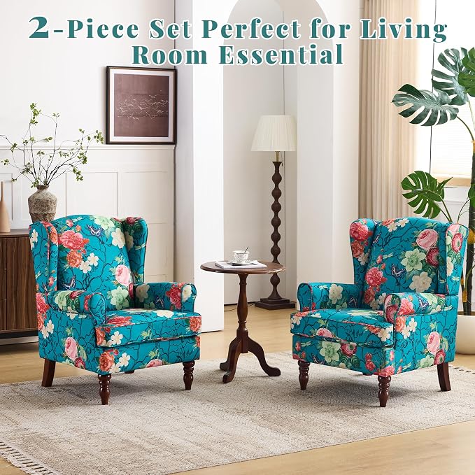 EROMMY Floral Accent Chair, Comfortable High Back Upholstered Armchair with Solid Wood Legs, Leisure Single Sofa Chair for Living Room, Bedroom, Home Office, Teal Floral