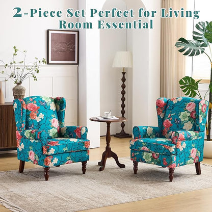 EROMMY Floral Accent Chair, Comfortable High Back Upholstered Armchair with Solid Wood Legs, Leisure Single Sofa Chair for Living Room, Bedroom, Home Office, Teal Floral