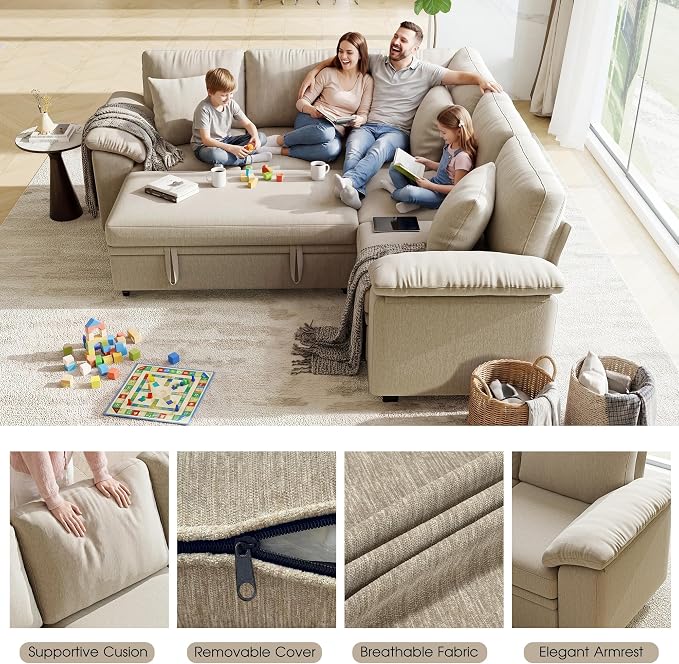 86" Modular Sectional Sleeper Sofa with Pull Out Bed, L Shaped 5 Seat Couch with 151L Storage, Convertible Cloud Couch Bed, Sectional Couches for Living Room, Apartment (Sand)