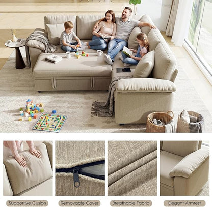 86" Modular Sectional Sleeper Sofa with Pull Out Bed, L Shaped 5 Seat Couch with 151L Storage, Convertible Cloud Couch Bed, Sectional Couches for Living Room, Apartment (Sand)