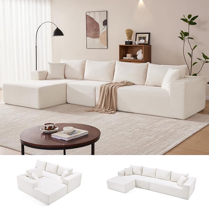Mangodan 140” Cloud Sectional Couch, Modular Sectional Sofa with Deep Seat, Boneless Sofa for Living Room, Fluffy Comfy L-Shaped Couch with Left Facing Chaise, No Assembly Required, Beige