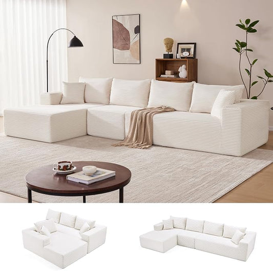 Mangodan 140” Cloud Sectional Couch, Modular Sectional Sofa with Deep Seat, Boneless Sofa for Living Room, Fluffy Comfy L-Shaped Couch with Left Facing Chaise, No Assembly Required, Beige