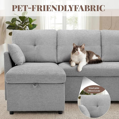 Huatean Home Oversized Sleeper Sofa Couch, 100 inch 2 in 1 Pullout Couch Bed with Side Pockets for Living Room, Sectional Sleeper Sofa Bed with Double Storage Chaise, LightGrey