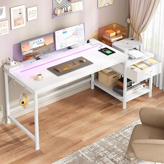 DurayLoly 48" White Desk with Printer Shelf & Power Outlets – Reversible Computer Desk with LED Lights, Drawer & Headphone Hook for Dorm,Teens Study Room,White