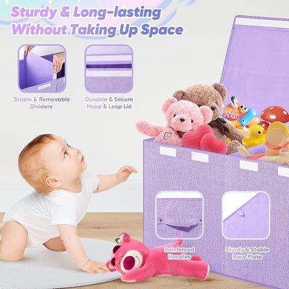Mabahoo Extra Large Toy Box, Toy Chest for Kids Boys Girls, Collapsible Sturdy Storage Organizer with Mesh Pockets, 40"x14"x16" Kids Box Bins Baskets for Nursery, Playroom, Purple