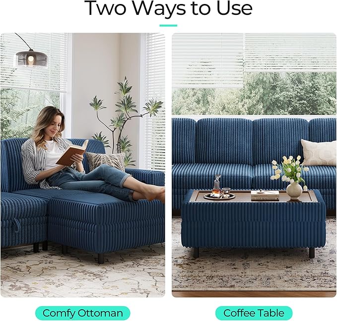 LINSY HOME Sectional Sleeper Sofa with Pull Out Couch Bed for Living Room (Blue) | Plush Corduroy