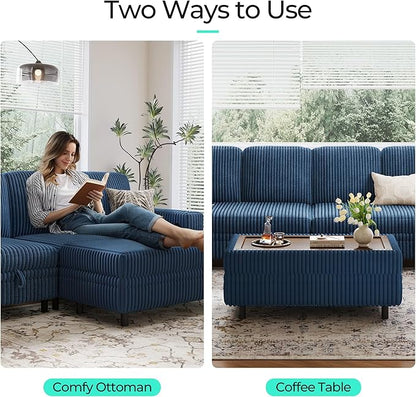 LINSY HOME Sectional Sleeper Sofa with Pull Out Couch Bed for Living Room (Blue) | Plush Corduroy