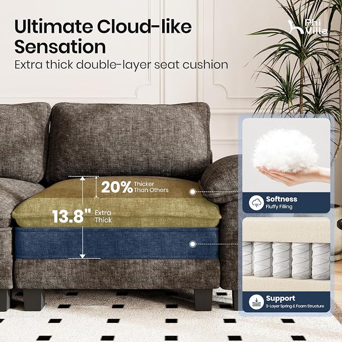 PHI VILLA Cloud Modular Couch Sets, 157.5" Oversized Sectional Sofa with U-Shaped Chaise, 6-Seater Couches with Movable Ottomans for Living Room, Chenille Smoky Grey