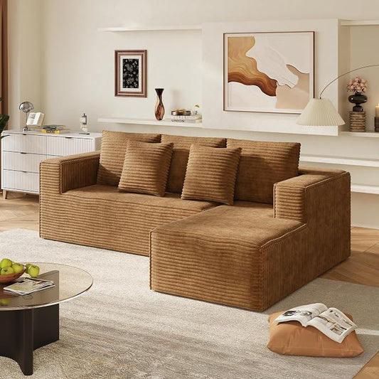 WLIVE 108'' Cloud Sectional Couches for Living Room, Modular Boneless Couch with Right Facing Chaise, L Shape Memory Foam Corduroy, with Cushion, Brown