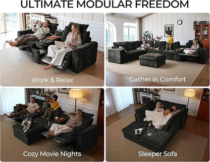 174.4'' Oversized Modular Power Recliner Sofa with Headrest, Deep Cloud Couch with Table, Charging Cup Holders, Convertible U-Shaped 6-Seater Sectional with 2 Storage Ottomans, Chenille, Black