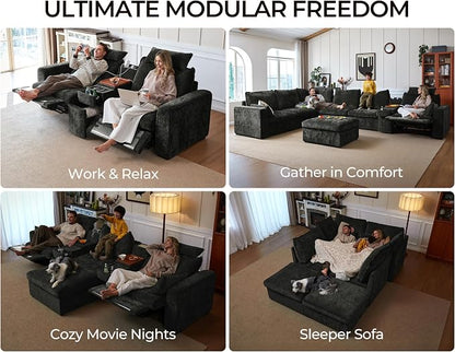 102.8'' Loveseat Power Recliner Sofa with Headrest, Oversized Cloud Modular Sectional Reclining Couch with Table, Storage Drawer, Charging, 2-Seater for RV Home Theater, Chenille, Black