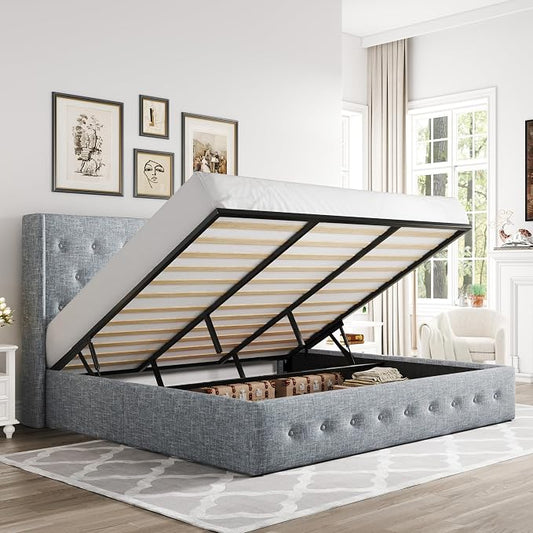 Allewie King Size Lift Up Storage Bed, Button Tufted Headboard with Wingback, Hydraulic Support, No Box Spring Needed, Grey Blue