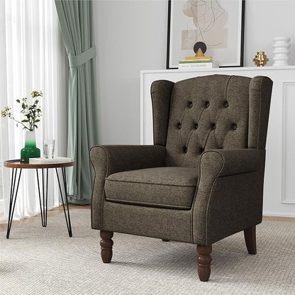 High Back Accent Chairs Set of 2, High Wingback Chair for Living Room, Button-Tufted Upholstered Fabric Armchair with Solid Wood Legs, Comfy Single Sofa Reading Chair for Bedroom, Taupe