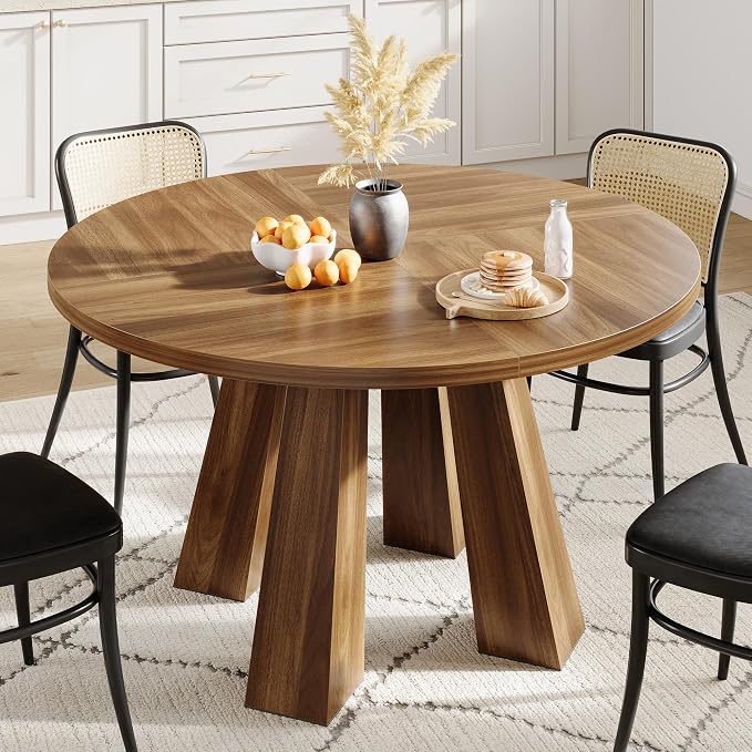 IDEALHOUSE 47" Round Dining Table for 4-6, Wood Kitchen Table with Sturdy Base, Farmhouse Circle Dinner Table for Dining Room, Living Room, 4 Strong Legs, Walnut