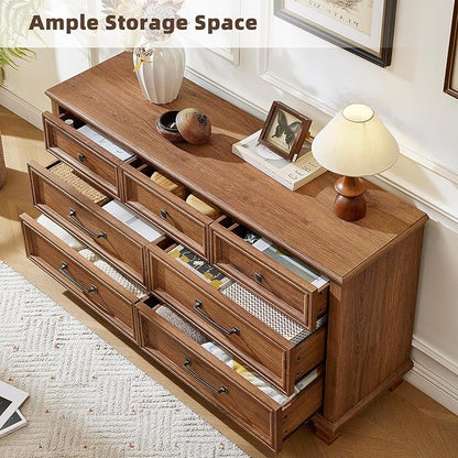SAVOR LIFE Farmhouse 7 Drawer Dresser for Bedroom, 54” Horizontal Dressers & Chests of Drawers with Thickened Tabletop & Square Table Legs, Brown