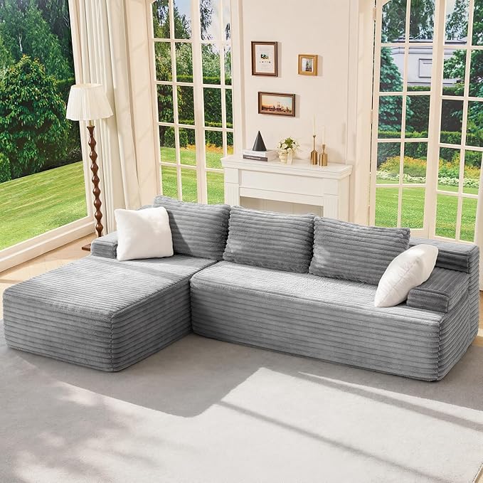 Hobestluk Boneless Couch Modular Sectional Sofa L-Shape Cloud Couch Lounge | 96" Left Facing Chaise Pale Gray,Memory Foam,Removable Cover,Non-slip Bottom,No Assemble Required,Furniture for Small Home