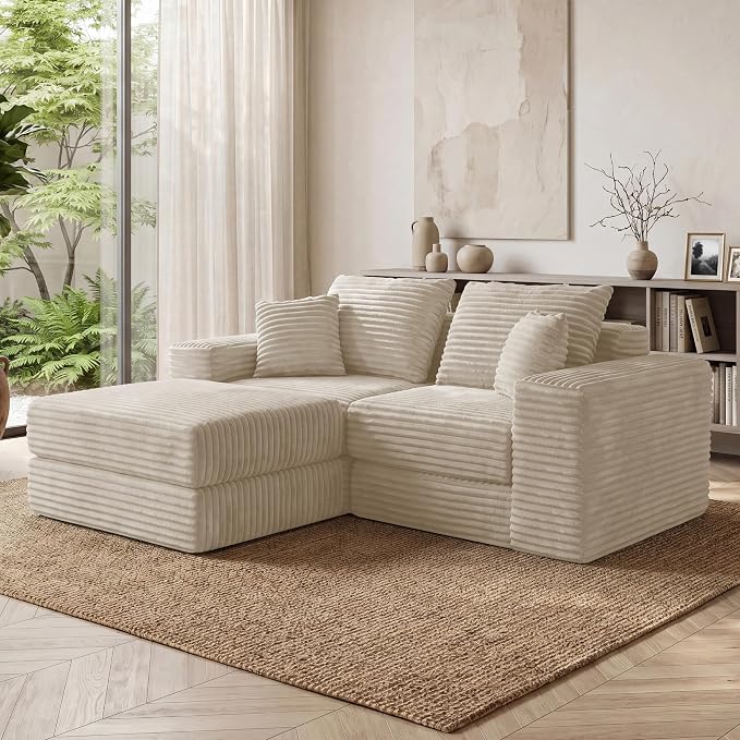 75'' L-Shaped Cloud Modular Sectional Couch with Chaise, Modern Corduroy Memory Foam Sofa Bed, Upholstered Boneless Deep Seat Fluffy Sleeper Sofa, for Living Room, No Assembly Needed (Beige)