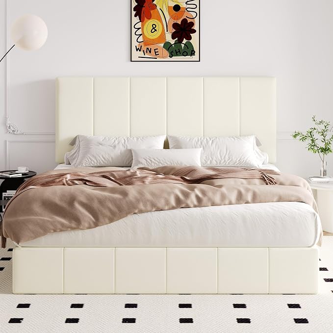 Allewie King Size Velvet Lift Up Storage Bed Frame, Vertical Channel Tufted Headboard, Hydrualic Underneath Storage, Upholstered Platform Bed, Wooden Slats Support, No Box Spring Needed, Cream