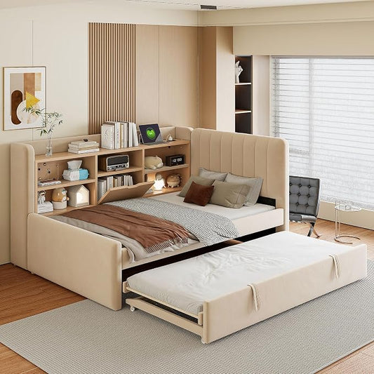 Merax Modern Upholstered Platform Bed Frame with USB Ports & Trundle Bed, Floor Sofa Day Bed with Storage Shelves, No Box Spring Needed/Easy Assemble/Twin, Beige