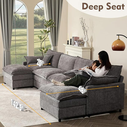 GOSUHI 142.5" U-Shaped Modular Cloud Couch, Deep Seat, Chenille Slate | Cloud Comfort, Couches for Living Room, Removable & Machine-Washable Covers, Movable Ottoman, Modular Sectional Sofa