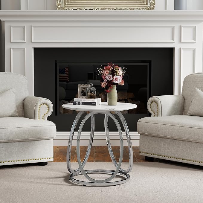 O&K FURNITURE Silver End Table, Round Side Table with Faux Marble Veins, Modern Nightstand for Bedroom, Living Room, Home Office, 1PC