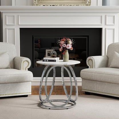 O&K FURNITURE Silver End Table, Round Side Table with Faux Marble Veins, Modern Nightstand for Bedroom, Living Room, Home Office, 1PC