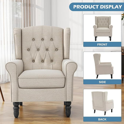 High Back Accent Chair, Fabric Upholstered Armchair Wingback Chair for Living Room, Comfy Bedroom Reading Seat with Solid Wood Legs, Beige