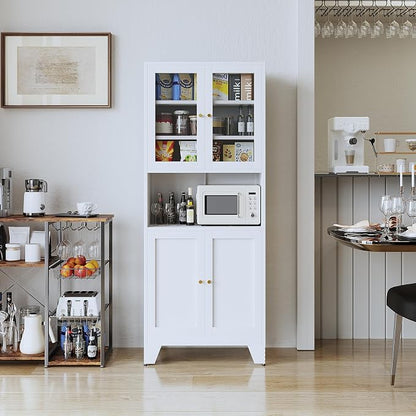 69" Tall Metal Pantry Cabinet with Microwave Stand,Microwave Storage Cabinet with 4 Doors & 3 Adjustable Shelves for Kitchen (4 Glass Doors-White, 13.78" D x 27.54" W x 68.9" H)