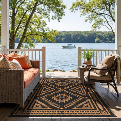 GENIMO Outdoor Rug for Patio Clearance - 5x8 ft Waterproof Plastic Camping Rugs, Reversible Outside Rv Mat Carpet for Porch, Deck, Picnic, Balcony, Beach, Backyard, Black Orange